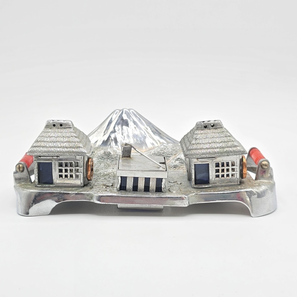 Vintage Mounti Fuji Metal Condiment Tray Salt And‎ Pepper Metal Blue Glass